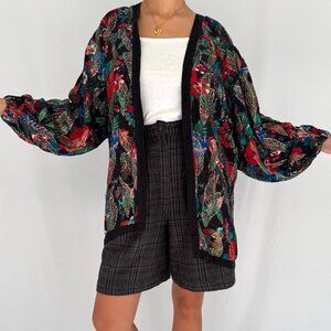 80s vintage boho floral print light silk flowy open front jacket cape one size